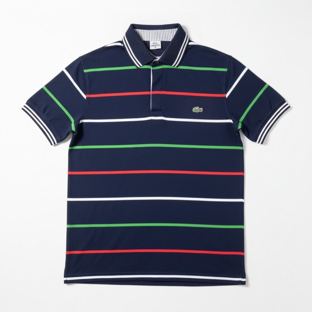 Lacoste Men’s XL Striped Polo Shirt Navy Green Red White Croc Logo EUC